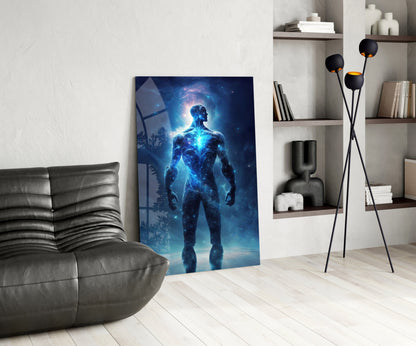Glowing Blue Cosmic Man Standing Glass Wall Art