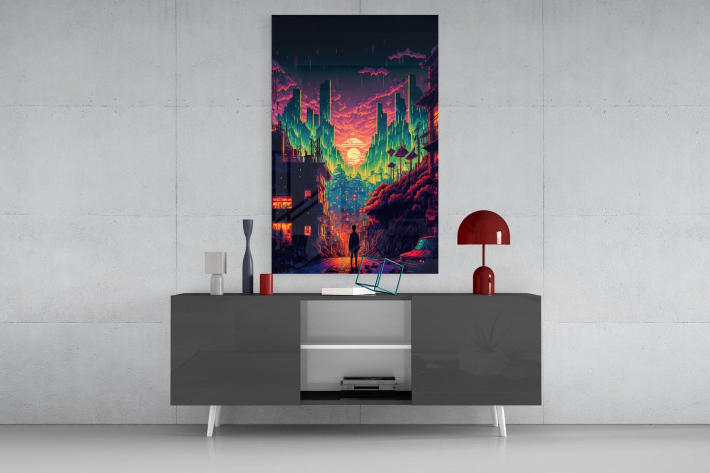 Neon-lit cyberpunk cityscape glass wall art displayed above gray console table with red lamp and decorative objects.