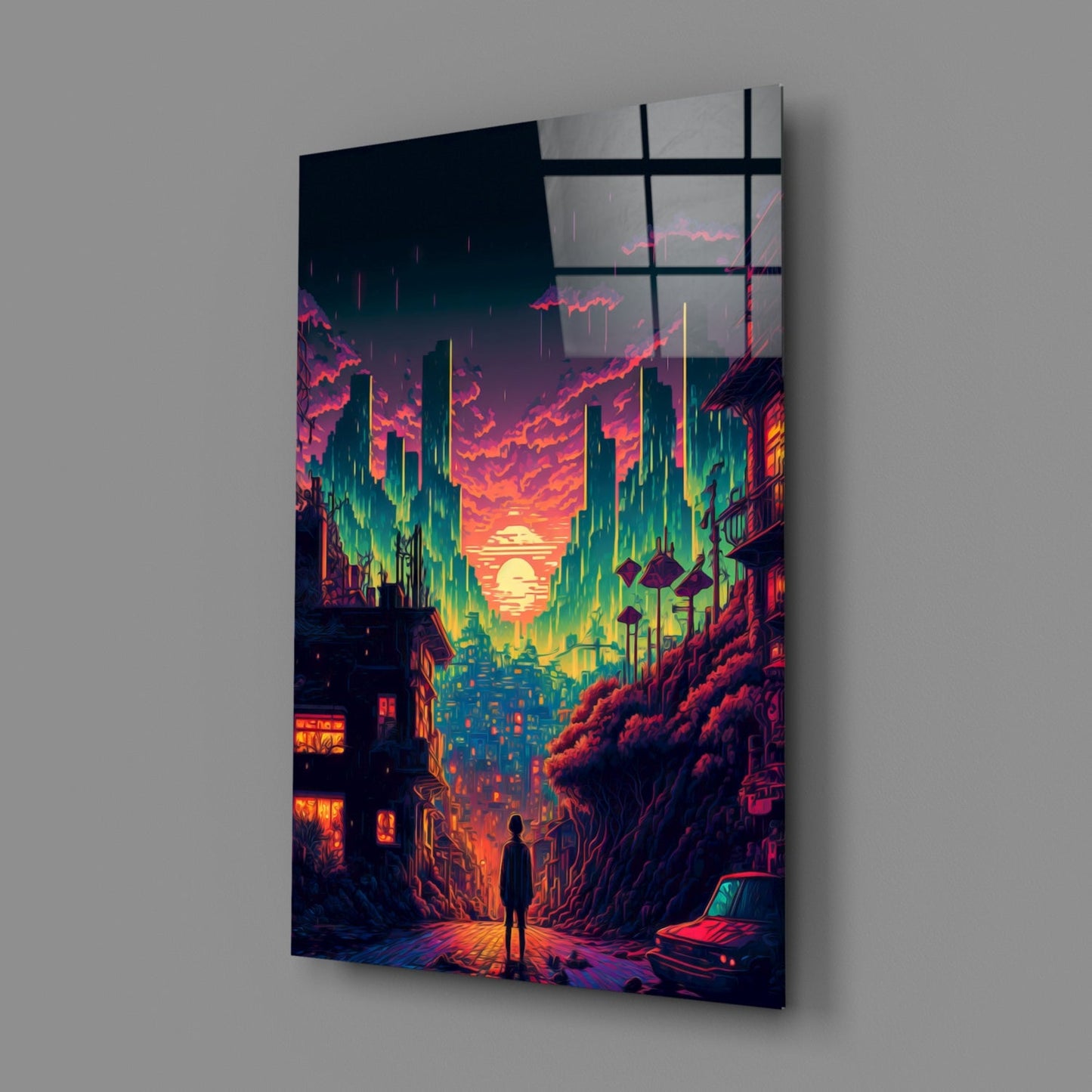 Angled view of glass wall art featuring a neon-lit cyberpunk cityscape with a solitary figure, vibrant pink and yellow sky, mounted on gray wall.