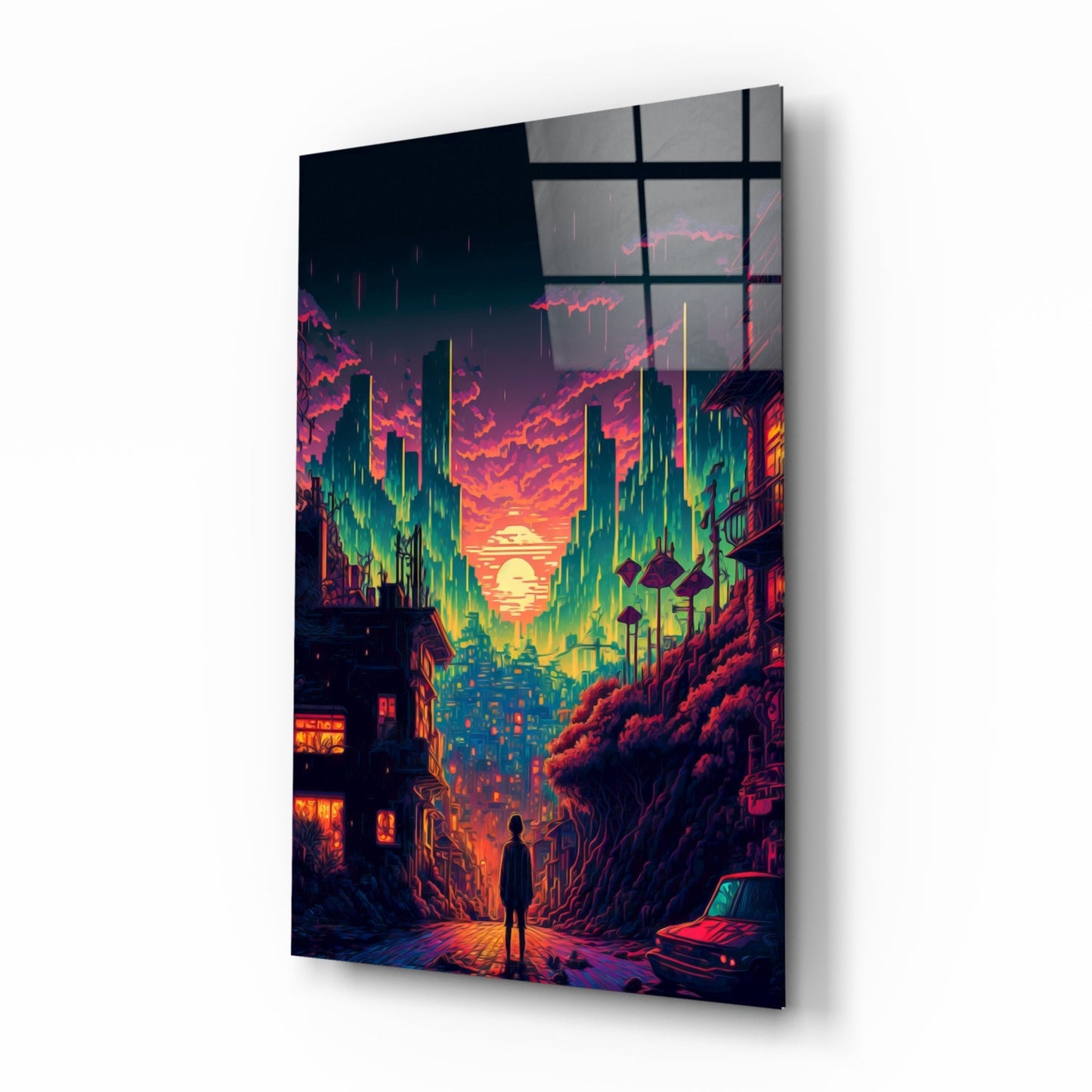 Angled product view of glass wall art displaying neon cityscape with solitary figure, vibrant pink and orange sky, mounted on white wall.