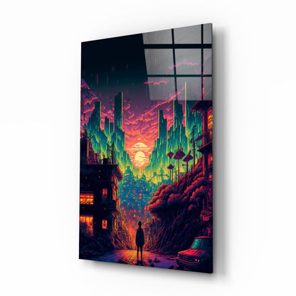 Angled product view of glass wall art displaying neon cityscape with solitary figure, vibrant pink and orange sky, mounted on white wall.