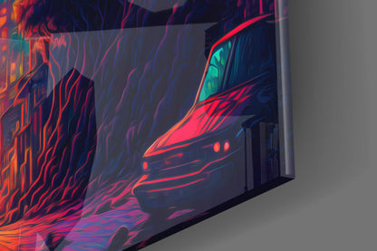 Close-up angled view of neon red, pink, and teal abstract design on translucent glass wall art panel.