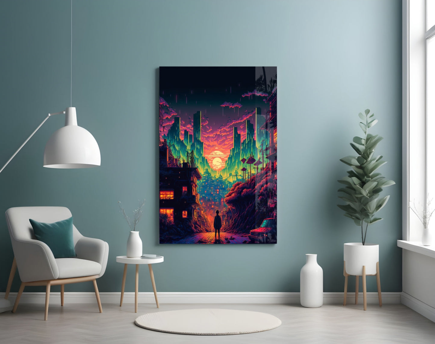Neon cyberpunk cityscape glass wall art displayed in a minimalist room with white chair, pendant lamp, and potted plants.