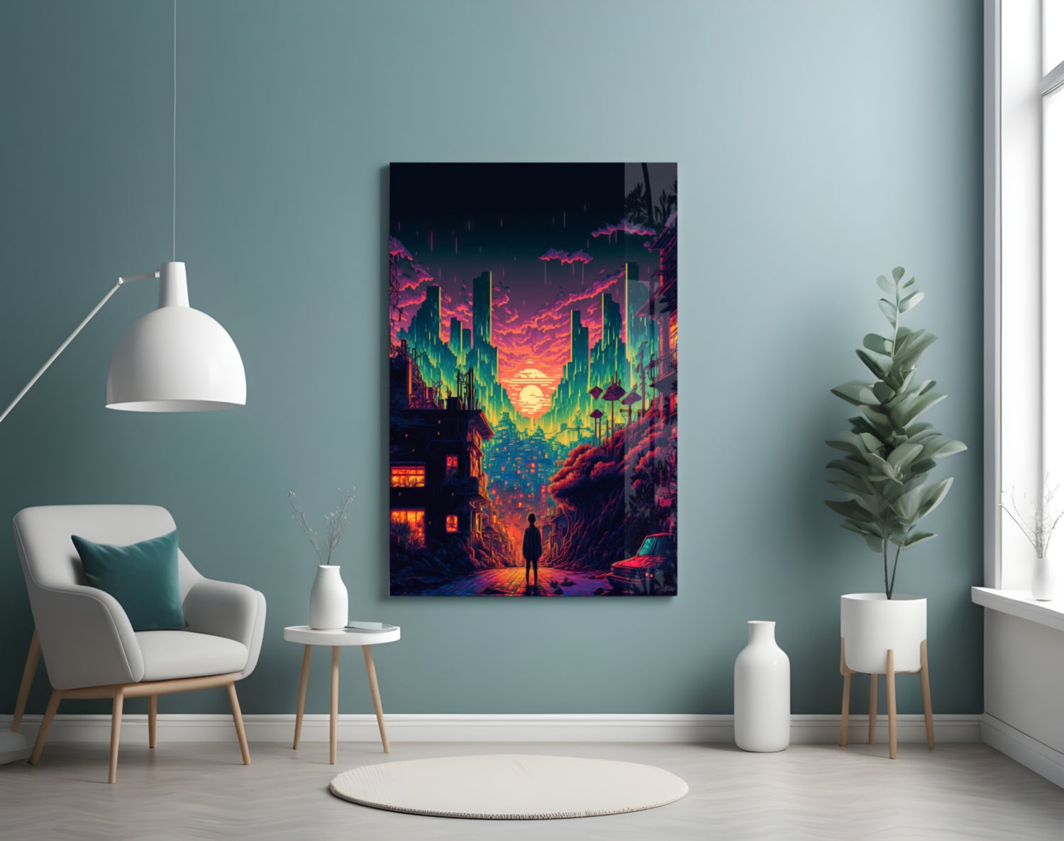 Neon cyberpunk cityscape glass wall art displayed in a minimalist room with white chair, pendant lamp, and potted plants.