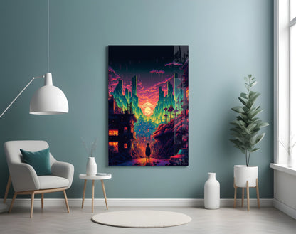 Neon cyberpunk cityscape glass wall art displayed in a minimalist room with white chair, pendant lamp, and potted plants.