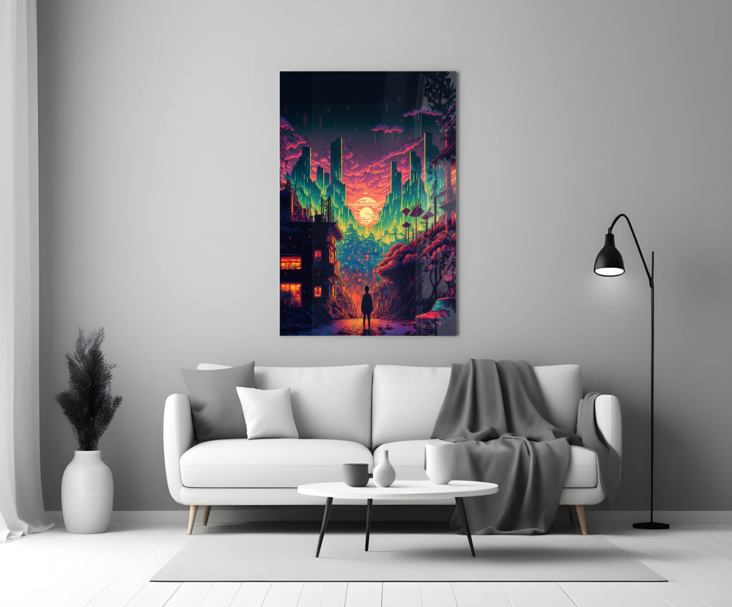 Neon cityscape glass wall art hung above white sofa in modern living room setting with black floor lamp and white vase.