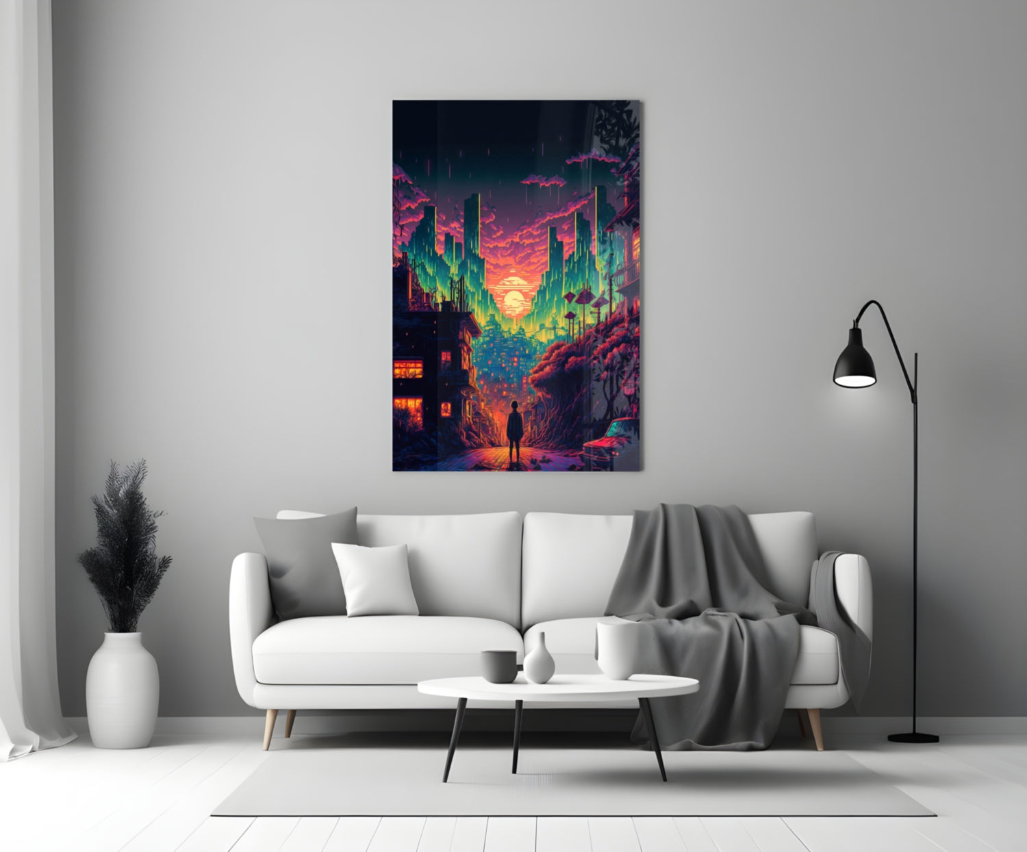 Neon cityscape glass wall art hung above white sofa in modern living room setting with black floor lamp and white vase.