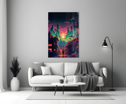 Neon cityscape glass wall art hung above white sofa in modern living room setting with black floor lamp and white vase.
