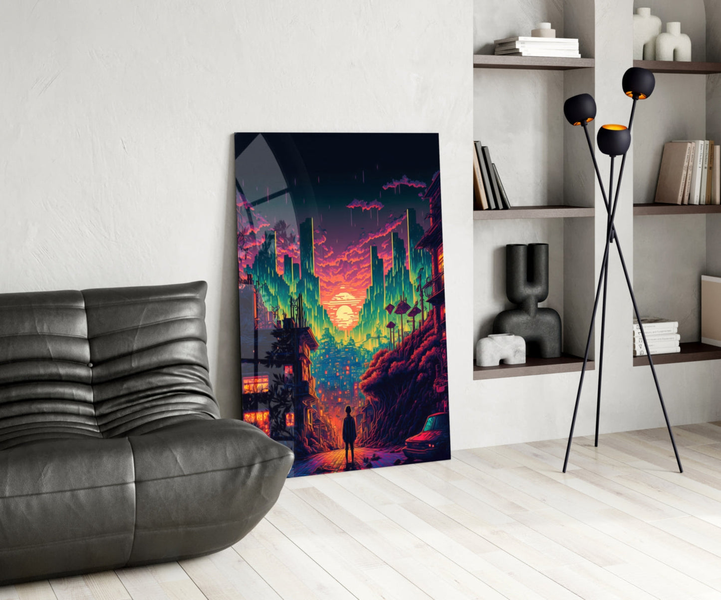 Neon cyberpunk cityscape glass art leaning against white wall in modern living room with gray sofa and shelving.