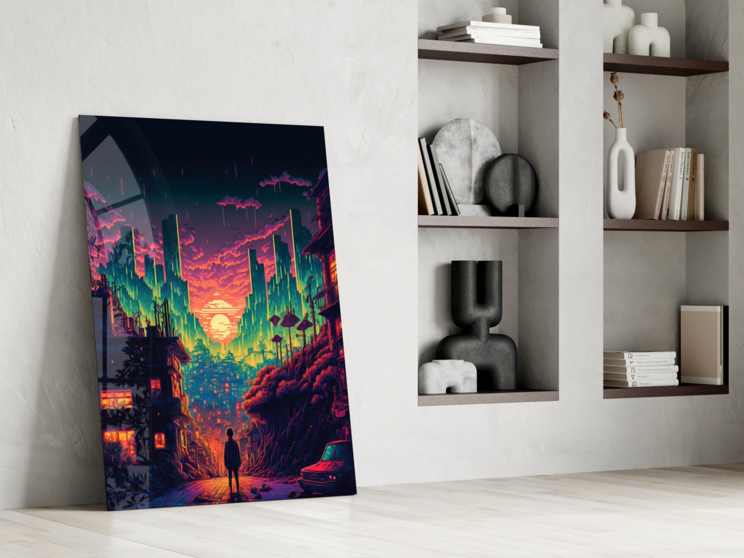 Vibrant neon cyberpunk cityscape glass art leans against white wall beside minimalist shelving with books and decorative objects.