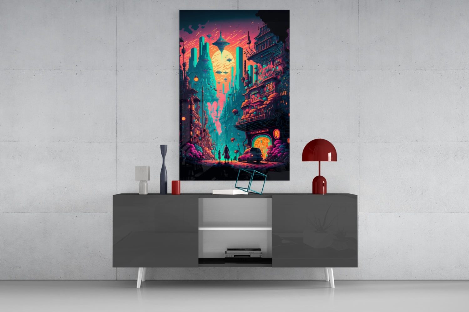 Vibrant neon cyberpunk cityscape glass wall art displayed above gray console table with red lamp and decorative objects.