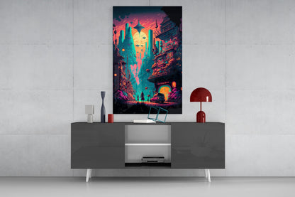 Vibrant neon cyberpunk cityscape glass wall art displayed above gray console table with red lamp and decorative objects.