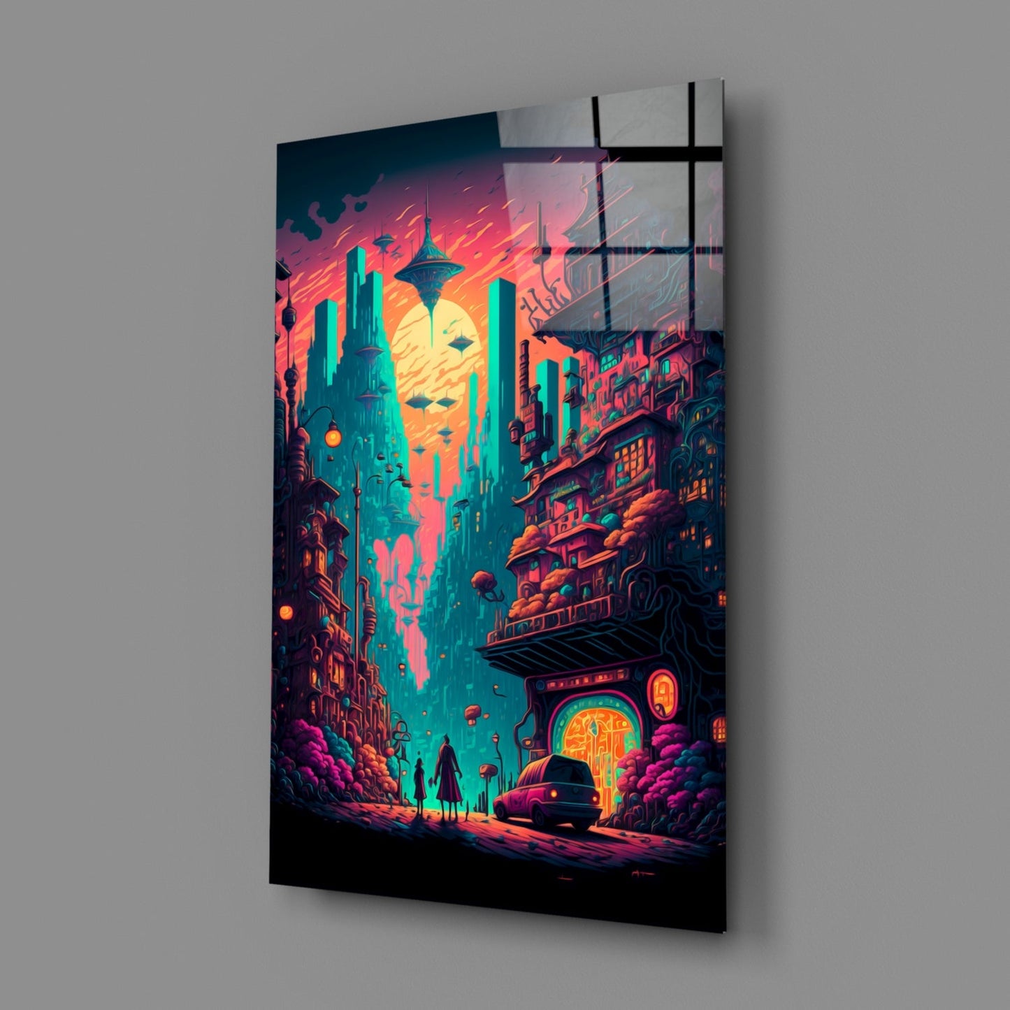 Angled view of vibrant neon-lit futuristic cityscape glass wall art with cyan buildings, orange sky, and glowing street-level details against gray background.