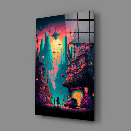 Angled view of vibrant neon-lit futuristic cityscape glass wall art with cyan buildings, orange sky, and glowing street-level details against gray background.