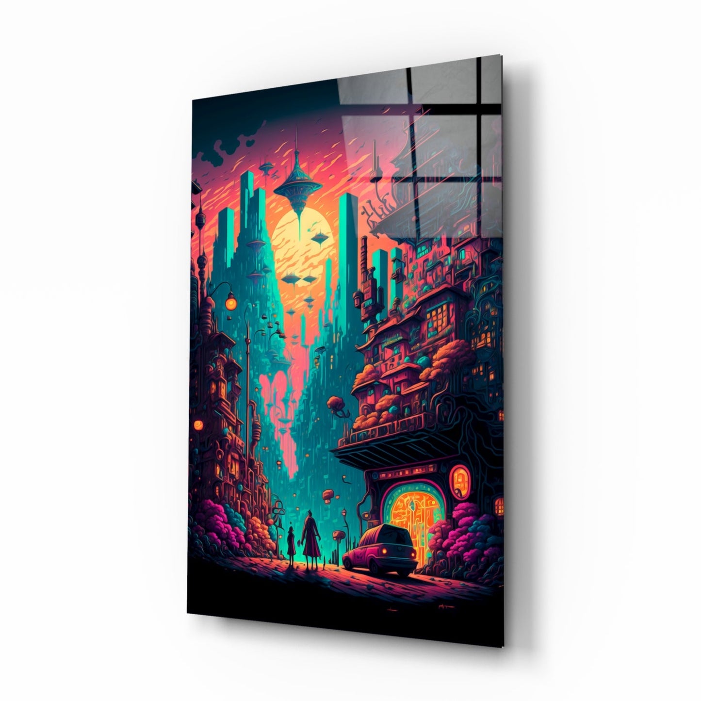 Angled view of a glass wall panel displaying a neon cyberpunk cityscape with glowing turquoise and orange buildings against a vibrant sunset sky.