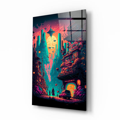 Angled view of a glass wall panel displaying a neon cyberpunk cityscape with glowing turquoise and orange buildings against a vibrant sunset sky.