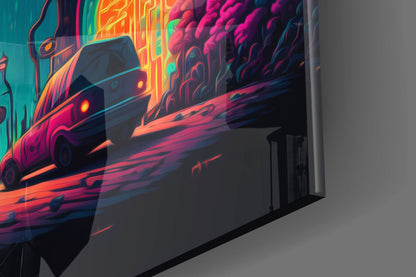 Angled side view of neon-lit glass wall art featuring a futuristic car in vibrant pink, orange, and teal colors against a gray wall.