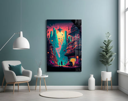 Vibrant neon cityscape glass art hanging above white chair in minimalist teal room with plants and pendant lamp.
