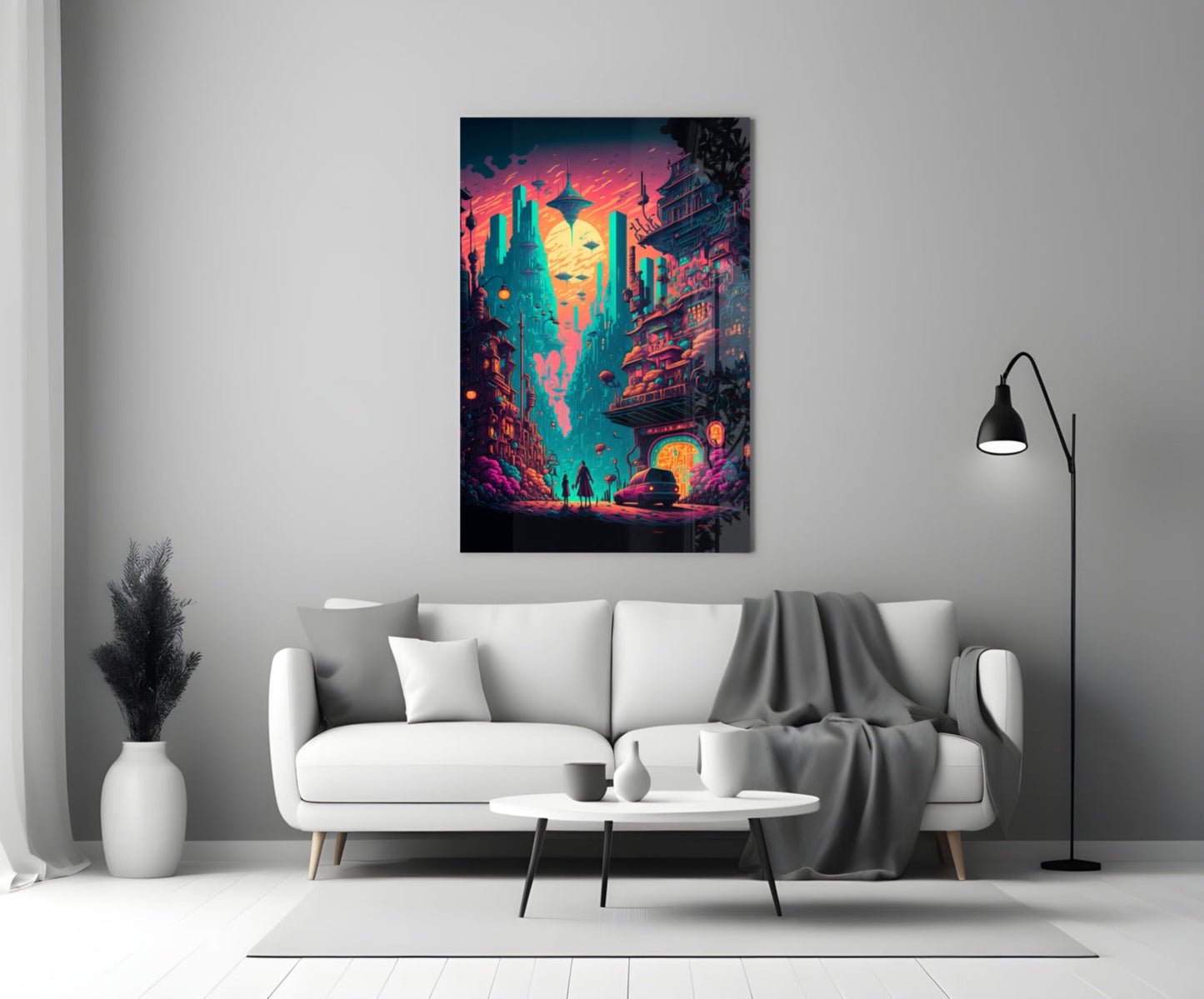 Vibrant neon cyberpunk cityscape glass wall art hanging above white sofa in modern living room interior.