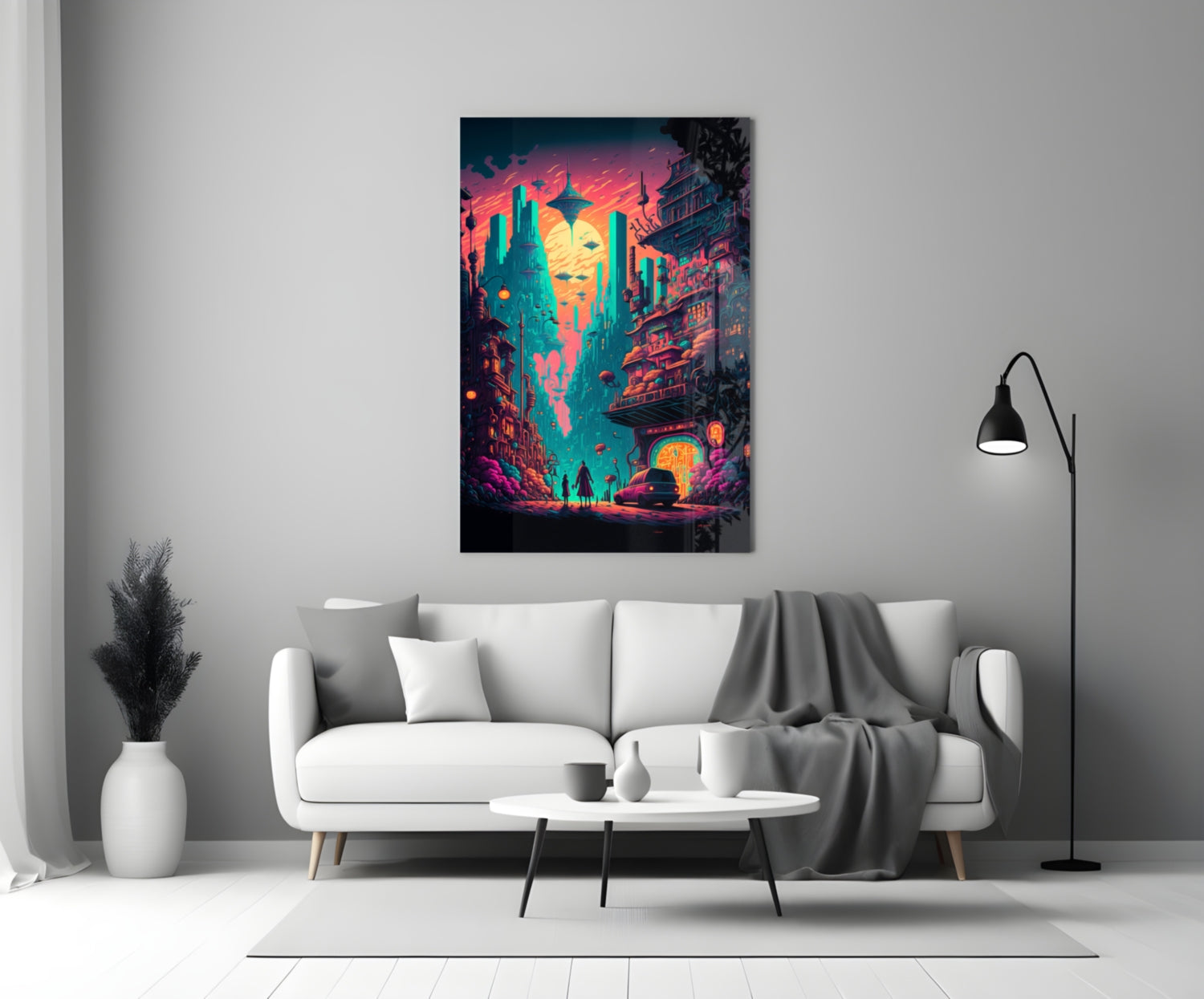 Vibrant neon cyberpunk cityscape glass wall art hanging above white sofa in modern living room interior.