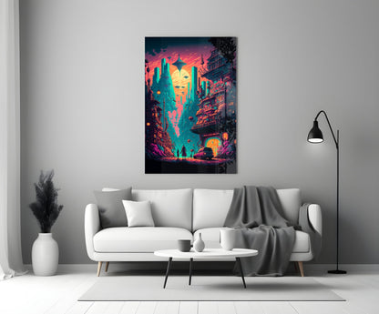 Vibrant neon cyberpunk cityscape glass wall art hanging above white sofa in modern living room interior.