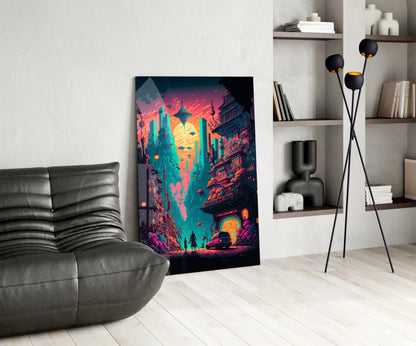 Neon cyberpunk cityscape glass wall art leaning against white wall beside gray leather chair and shelving unit.