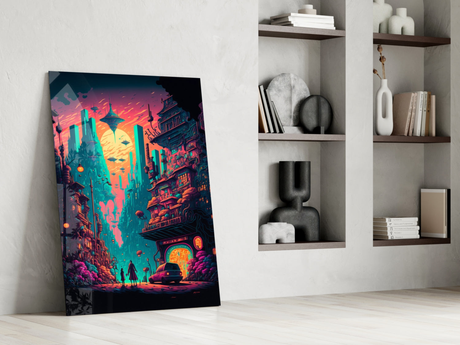 Vibrant neon cyberpunk cityscape glass art leaning against white wall beside built-in shelving with decorative objects.
