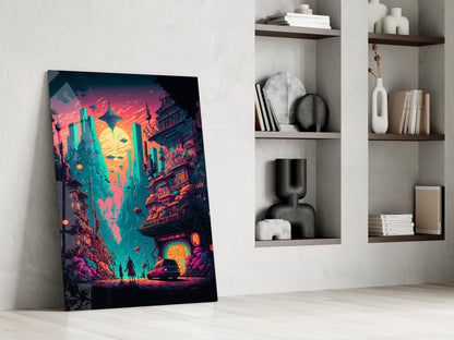 Vibrant neon cyberpunk cityscape glass art leaning against white wall beside built-in shelving with decorative objects.