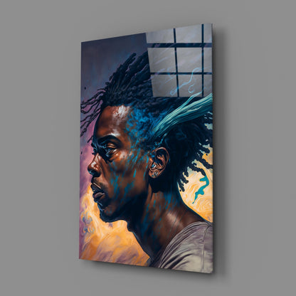 Blue Locs Man Profile On Orange Glass Wall Art