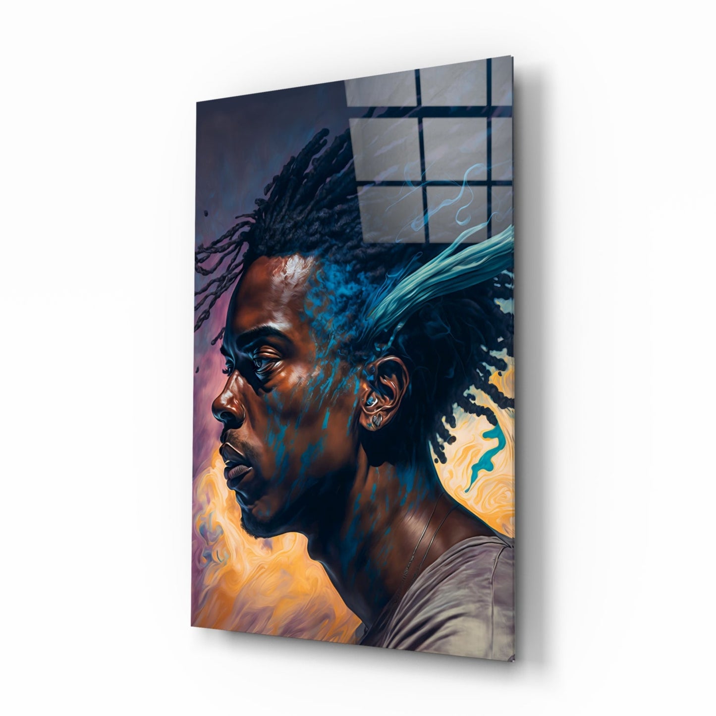 Blue Locs Man Profile On Orange Glass Wall Art