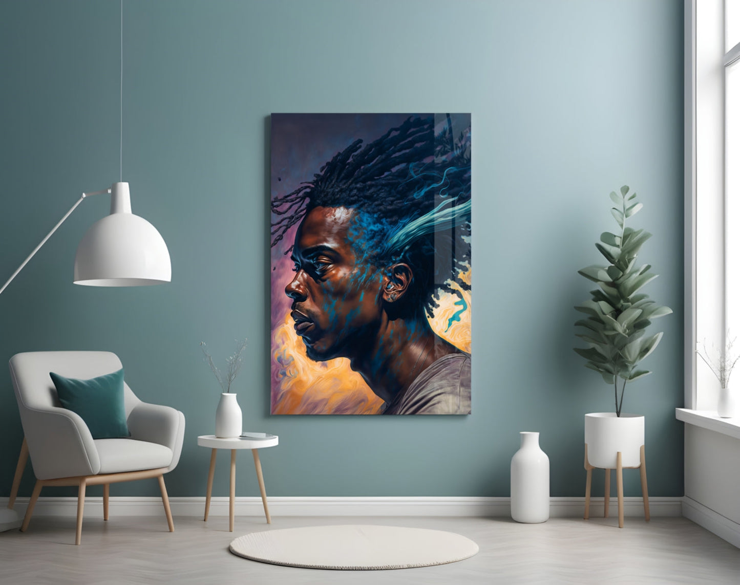 Blue Locs Man Profile On Orange Glass Wall Art