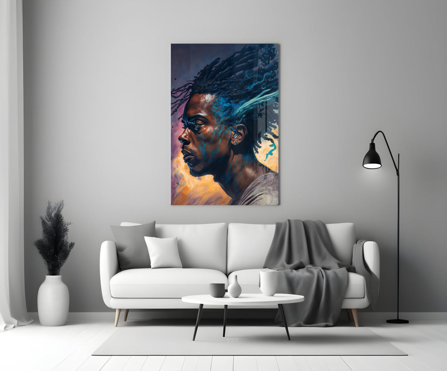 Blue Locs Man Profile On Orange Glass Wall Art