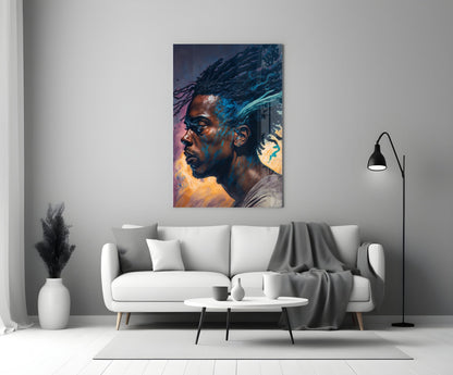 Blue Locs Man Profile On Orange Glass Wall Art