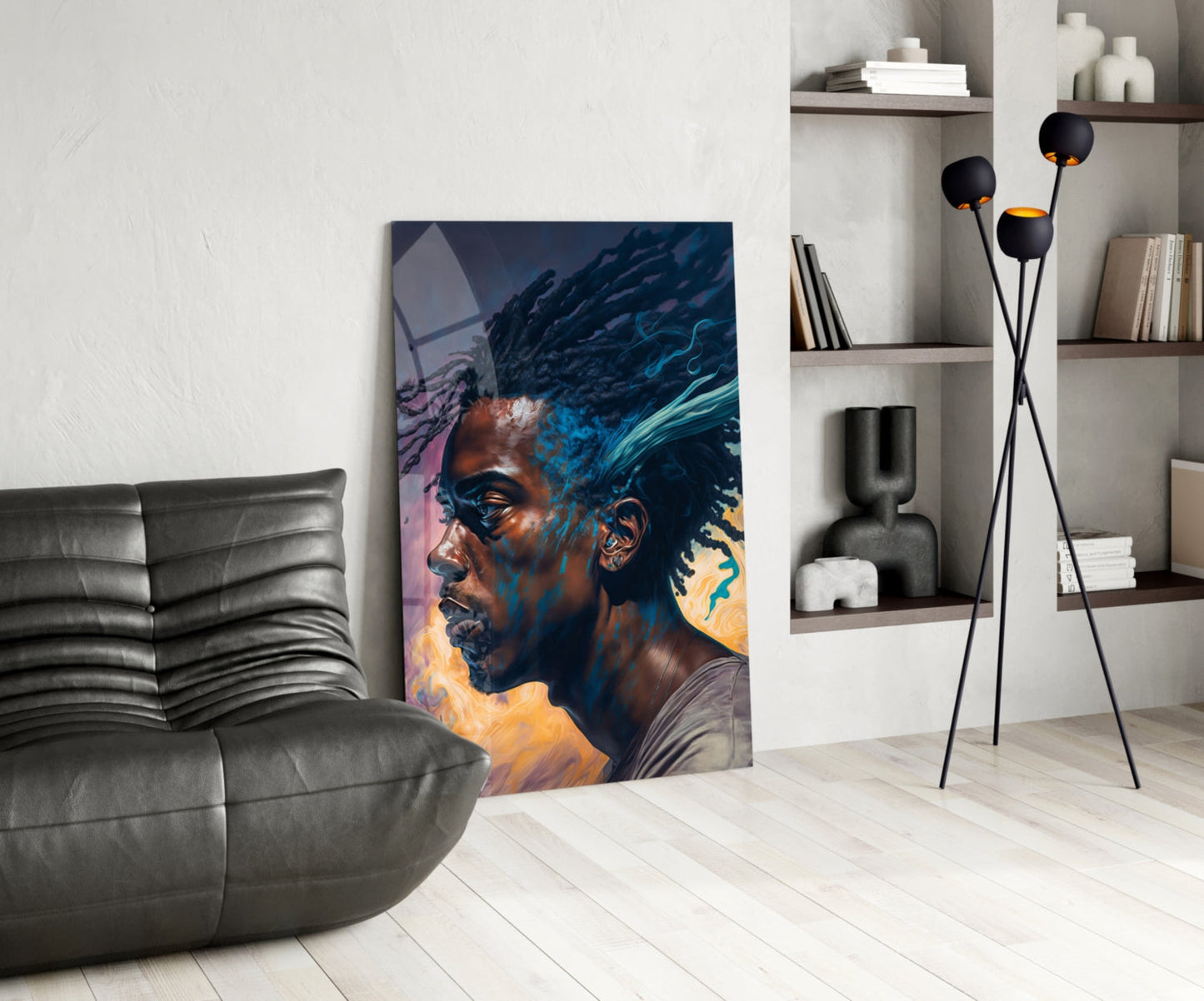 Blue Locs Man Profile On Orange Glass Wall Art