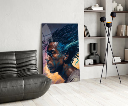 Blue Locs Man Profile On Orange Glass Wall Art