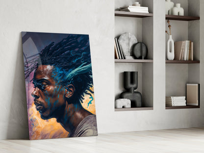 Blue Locs Man Profile On Orange Glass Wall Art