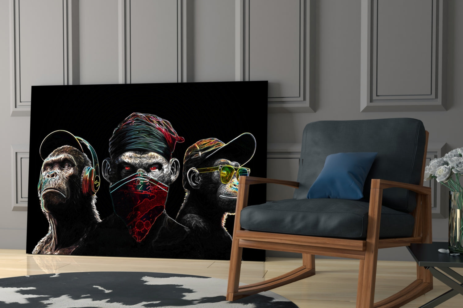 Modern living room interior featuring neon-lined glass wall art of three stylized monkeys with glowing accents against black background, displayed beside wooden chair.