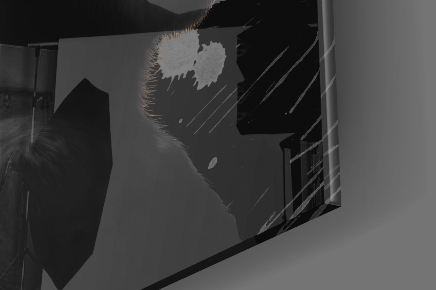 Close-up angled view of frosted glass wall art featuring silhouetted monkey profile in black and white.