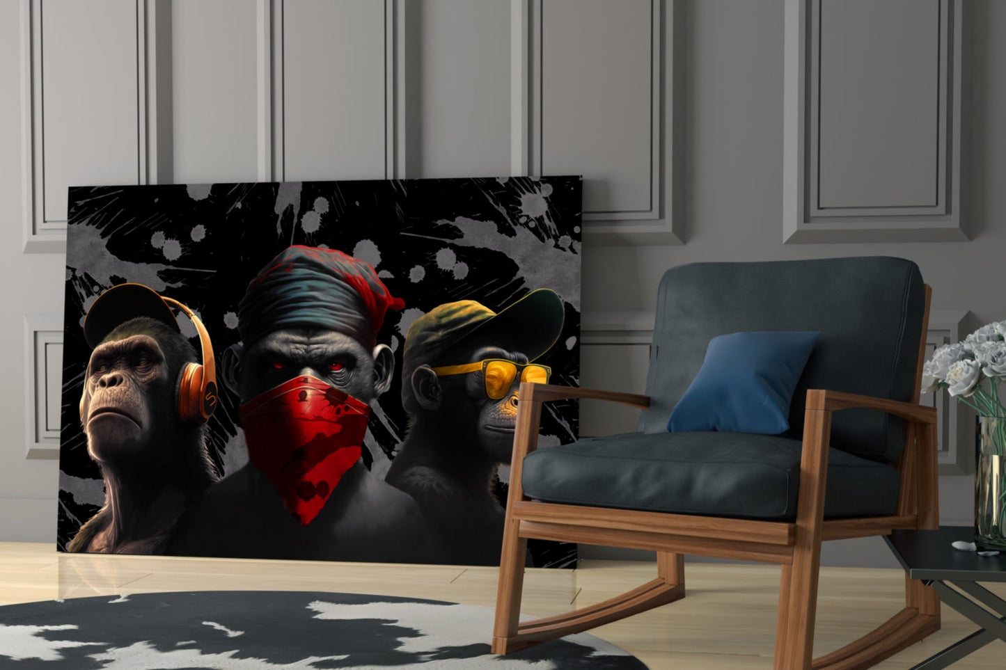 Three stylized monkeys wearing orange headphones, red bandana, and yellow sunglasses displayed on black glass panel in modern living room setting.