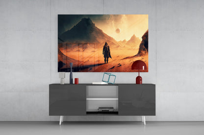 Modern living room with glass wall art depicting a figure standing in an orange desert landscape with mountains and dual suns, mounted above gray media console.
