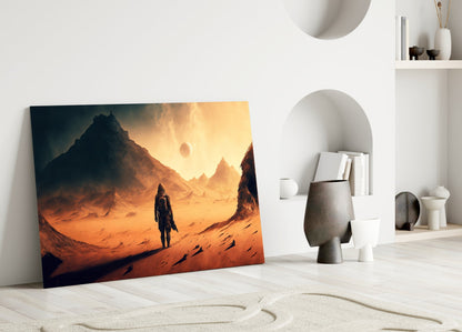 Glass wall art leaning against white wall displays astronaut standing in golden desert landscape with mountains and binary star system.