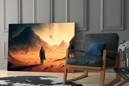 Glass wall art displaying a solitary figure in an orange desert landscape with mountains and dual suns, displayed in a modern living room setting.