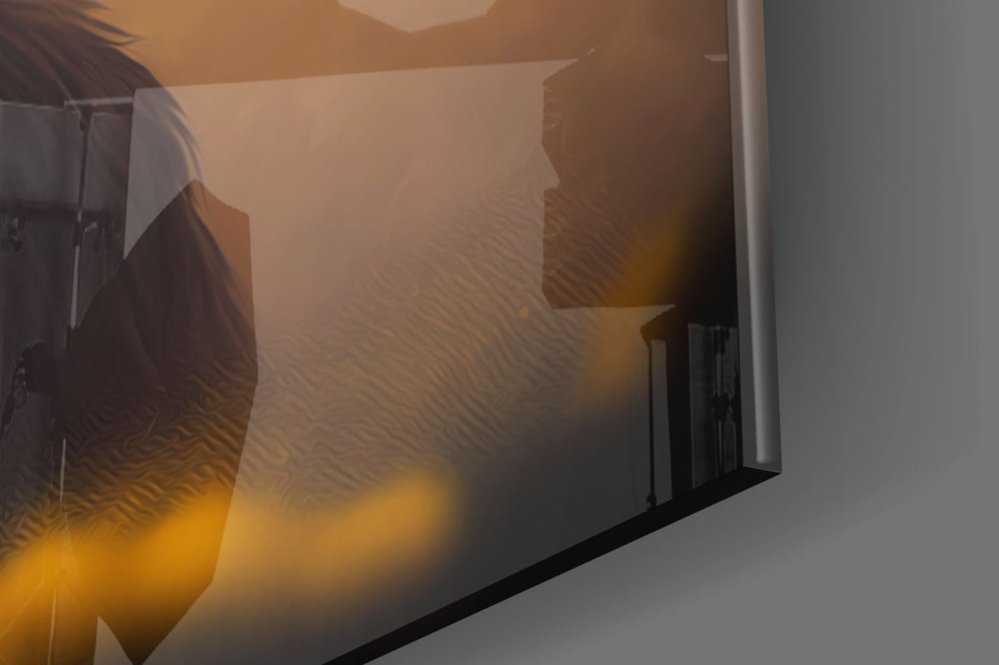 Close-up angled view of frosted glass panel showing brown and golden silhouettes of three monkeys with textured surface detail.