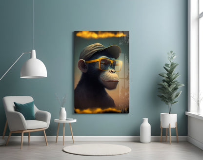 Wise Monkey Glass Wall Art displayed on a teal wall in a minimalist room with white furniture and green plants.