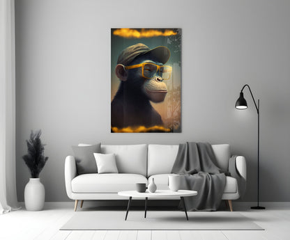 Glass wall art depicting a chimpanzee wearing a baseball cap and yellow-framed glasses, displayed above a white sofa in a modern living room.