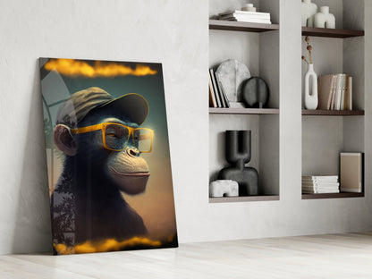 Wise Monkey glass wall art leaning against white wall beside built-in shelving, showing chimp wearing yellow sunglasses and cap against warm golden background.