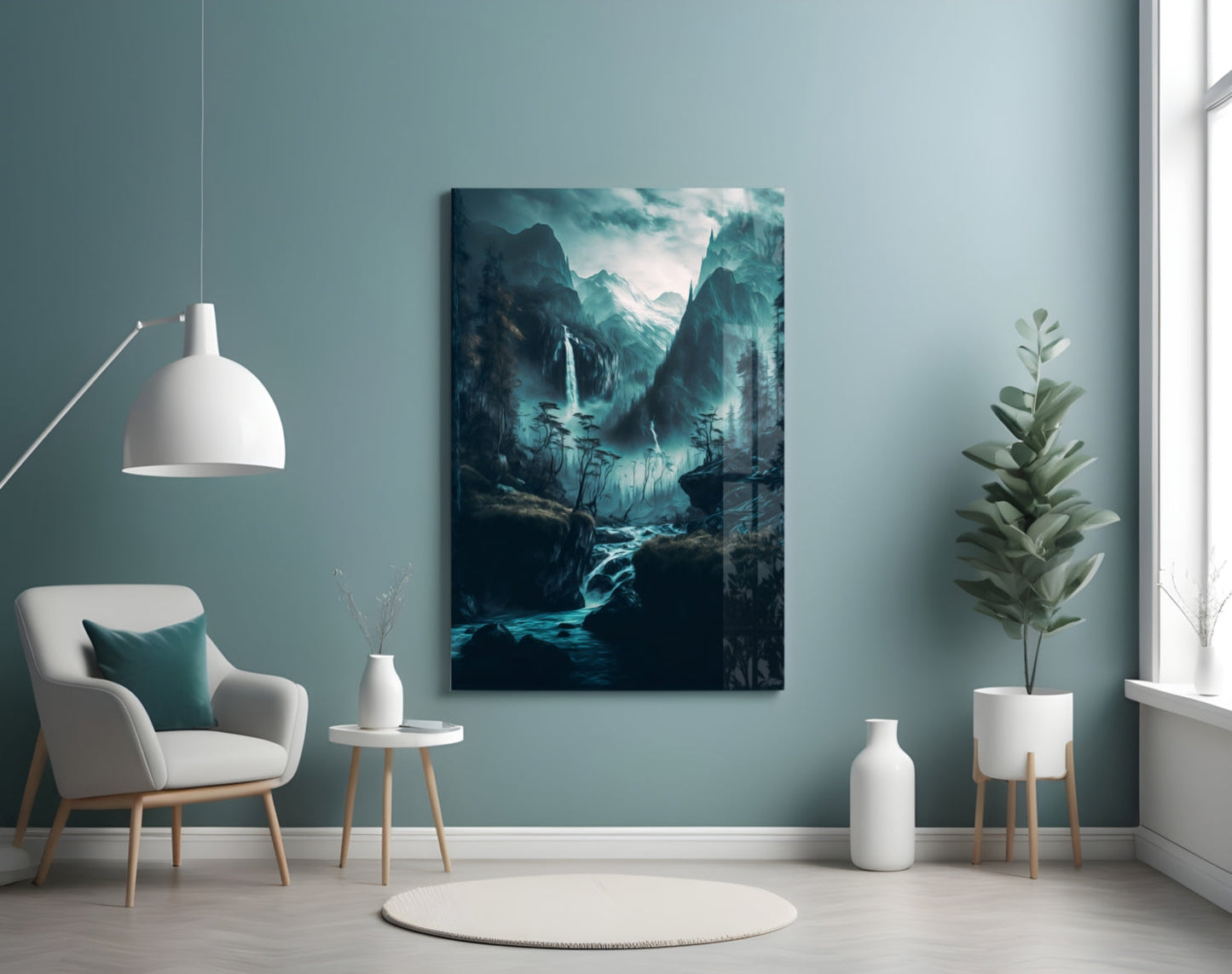 Teal Valley Twin Waterfalls Cliffs Glass Wall Art