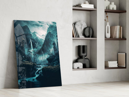 Teal Valley Twin Waterfalls Cliffs Glass Wall Art