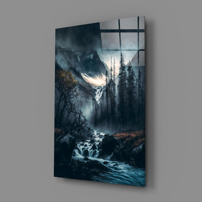 Dusk Gorge Misty Pines Rapids Glass Wall Art