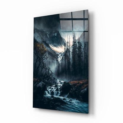 Dusk Gorge Misty Pines Rapids Glass Wall Art